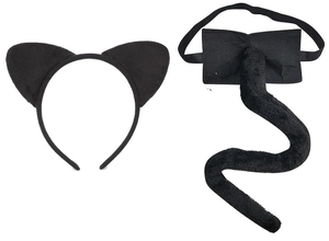 Detail of plush black cat ears headband and matching tail for Halloween costume