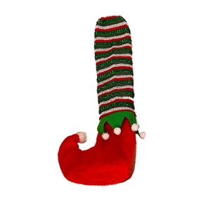 Striped Christmas elf chair leg cover in red and green festive theme with pom poms
