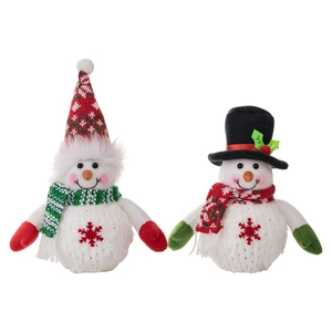 Pair of glowing plush Christmas snowman figures with festive hats and snowflake patterns
