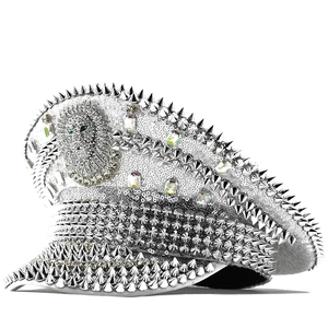 Silver Sequin Captain Hat With Spikes And Rhinestone Lion Head Military Style For Party Performance Stage Wear