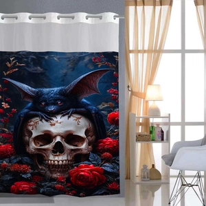 Detail view of gothic shower curtain with bat, skull, and red roses on waterproof fabric
