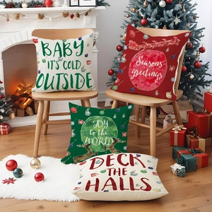 Set of 4 Christmas linen pillow covers with green reindeer and festive prints