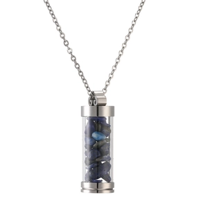 Stainless steel perfume bottle necklace with blue crystals on a white background