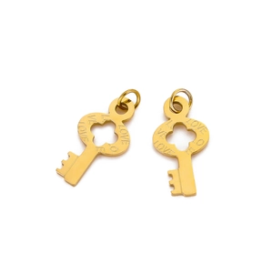 Golden stainless steel key charms with LOVE engraving and clover cutout for jewelry making