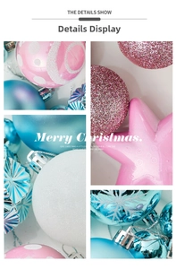 Close-up of glittered, matte and printed pink and blue Christmas ornaments on white base