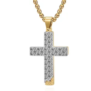 Men Stainless Steel Cross Pendant Necklace Dual Tone Honeycomb Geometric Texture Hip Hop Punk Fashion Jewelry