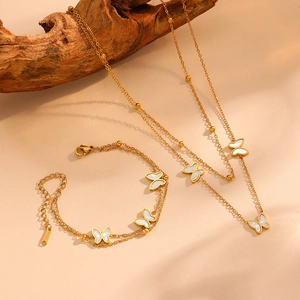 Double-layered 18k gold stainless steel butterfly necklace and bracelet set with shell inlay