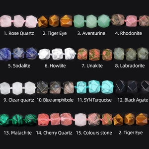 Matrix display of faceted natural stone beads including rose quartz and tiger eye