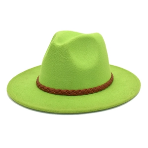 Detail of neon green wool fedora hat with a brown braided leather belt decoration