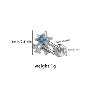 Spécifications de taille détaillées pour le clou d'oreille étoile argent avec zircons bleus