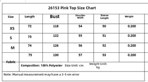 Size chart for women pink poplin shirt with detailed body measurements in cm and weight