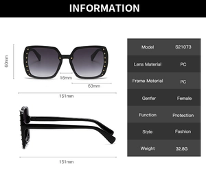 Detailed size specifications for square rivet sunglasses with PC frame and dimensions