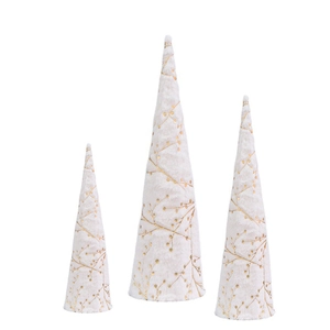 Set di tre alberi di Natale a cono in tessuto crema e oro di varie dimensioni
