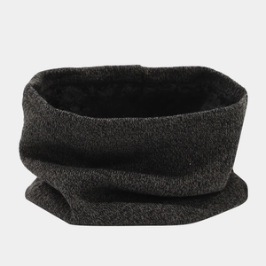 Close-up of thick rib-knit neck warmer with plush faux fur lining in charcoal grey