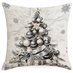 Detail of white Christmas pillow cover with elegant silver and champagne tree pattern
