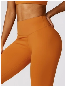 Detail showing high-waisted burnt orange yoga pants with V-shaped stitching and slim fit