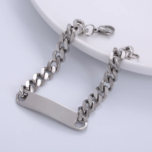 Silver stainless steel 8mm curb chain ID bracelet with a polished engravable bar plate