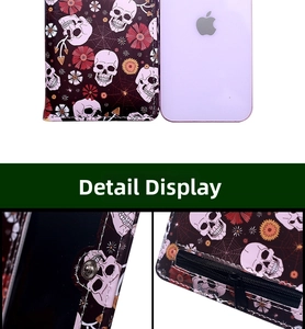Detail view of the spider skull print bifold wallet with floral patterns and zipper pocket