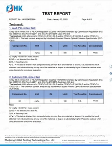REACH compliance test report showing Lead and Cadmium safety levels for the jewelry piece
