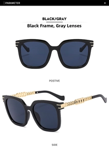 Detail of square black sunglasses with gold chain temples and gray tinted lenses