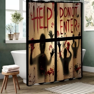 Detail of waterproof Halloween shower curtain with bloody handprints and HELP text
