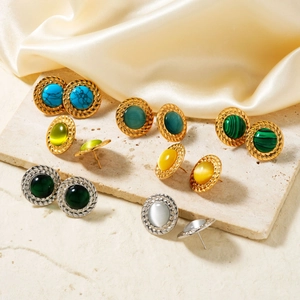 Candy-colored round natural stone stud earrings with vintage gold metal twisted borders