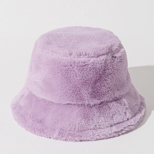 Close-up of soft purple faux fur texture on a warm winter bucket hat for women