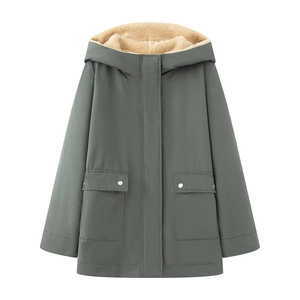 Women's casual fleece lined hooded parka with double pockets and metallic buttons