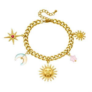 18K gold plated stainless steel sun and moon charm bracelet with celestial motifs
