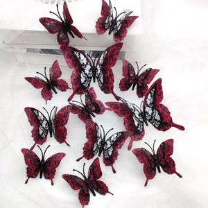 Detailed set of 12 Halloween 3D butterflies with skull and red rose wing patterns