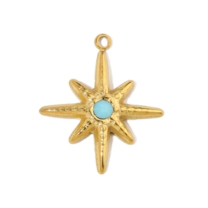 Macro detail of a golden compass star pendant with a turquoise blue center stone