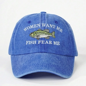 Blue washed cotton baseball cap with embroidered Women Want Me Fish Fear Me text