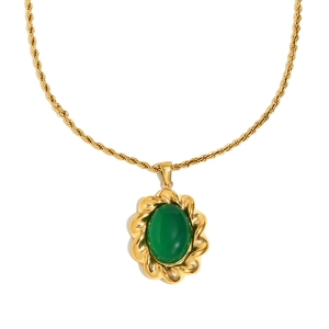 Collier vintage en acier inoxydable plaqué or 18 carats avec pendentif agate verte