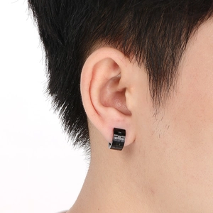Titanium steel huggie hoop earrings with black finish and Roman cross engravings