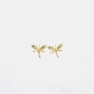 Exquisite 18K gold plated dragonfly stud earrings with vibrant multicolor gemstones on white