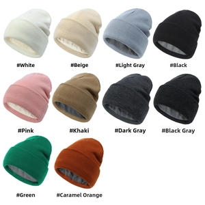 Grid view of 10-color knit beanies featuring premium satin lining for warmth and comfort