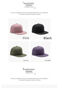 Flat brim baseball caps shown in pink black green and purple with ventilation eyelets