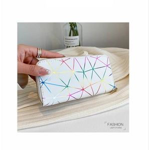 Close-up of holographic geometric long wallet in white with iridescent grid patterns