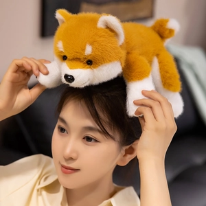 Cute Shiba Inu plush toy held by a model in a cozy home setting, soft stuffed dog doll