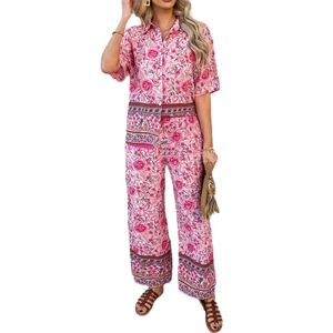 Ensemble bohème deux pièces à imprimé floral avec chemise et pantalon large