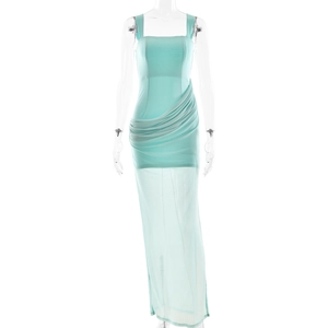 Elegant mint green strapless maxi dress with ruched waist and sheer mesh skirt for women
