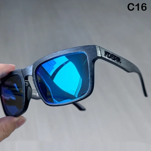 Detailed close-up of square polarized lenses with blue reflective coating and wood grain frame