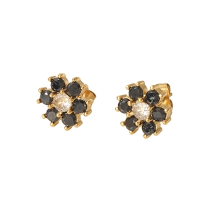 Elegant gold flower earrings with black zircon petals and white center stone for women