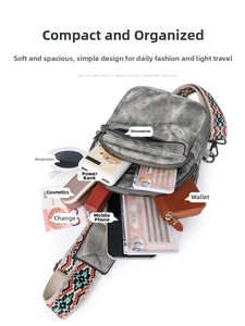Detail of grey canvas crossbody bag showing spacious compartments and accessories