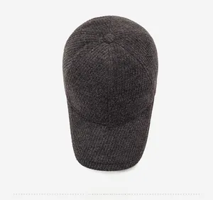 Overhead view of a men's winter wool baseball cap with thick warm lining and metal logo