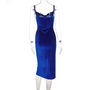 Detail of royal blue velvet midi dress showing slim fit cut and elegant back split