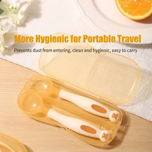 PPSU bendable baby fork and spoon set with portable case on wooden tabletop