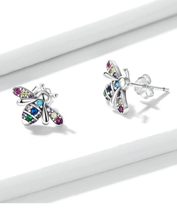 Detailed close-up of S925 sterling silver stamp on colorful bee stud earrings