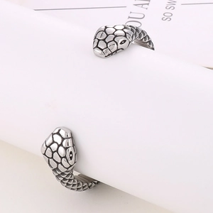Vintage punk double snake head open bangle with oxidized silver steel scale textures