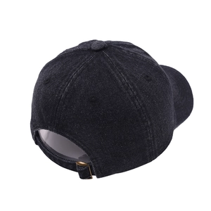 Classic black denim baseball cap with adjustable metal buckle from back view